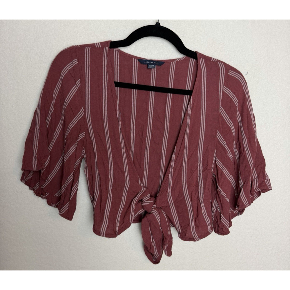American Eagle Maroon Striped Tie Crop Top Bell Sleeves Size Small